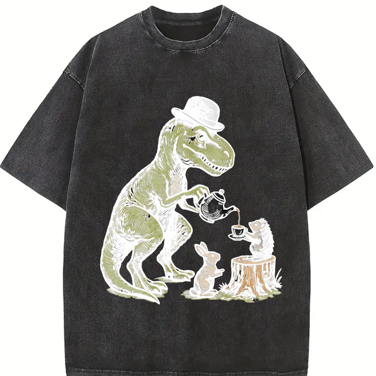 T-rex Tea Party Dinosaur Vintage Washed T-Shirt in Black