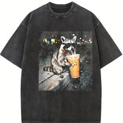 Raccoon Drinking Iced Coffee vintage washed oversized T-shirt in Black