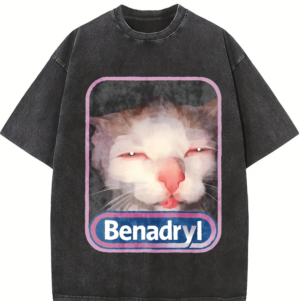 Benadryl Meme Cat vintage washed oversized T-shirt in Black