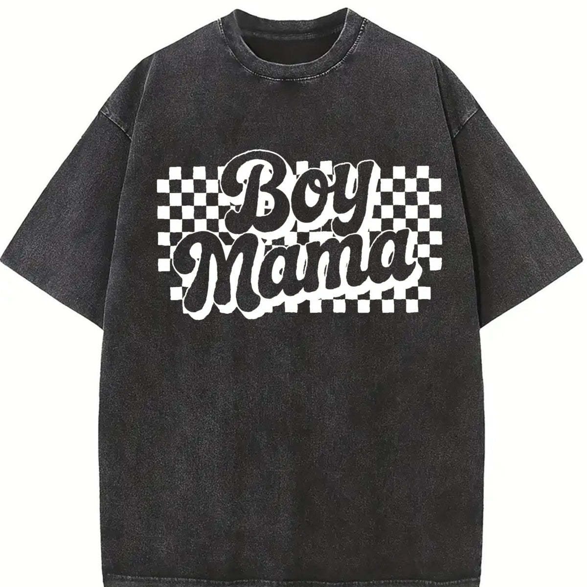 Boy Mama Retro Checkers Vintage Washed T-Shirt in Black