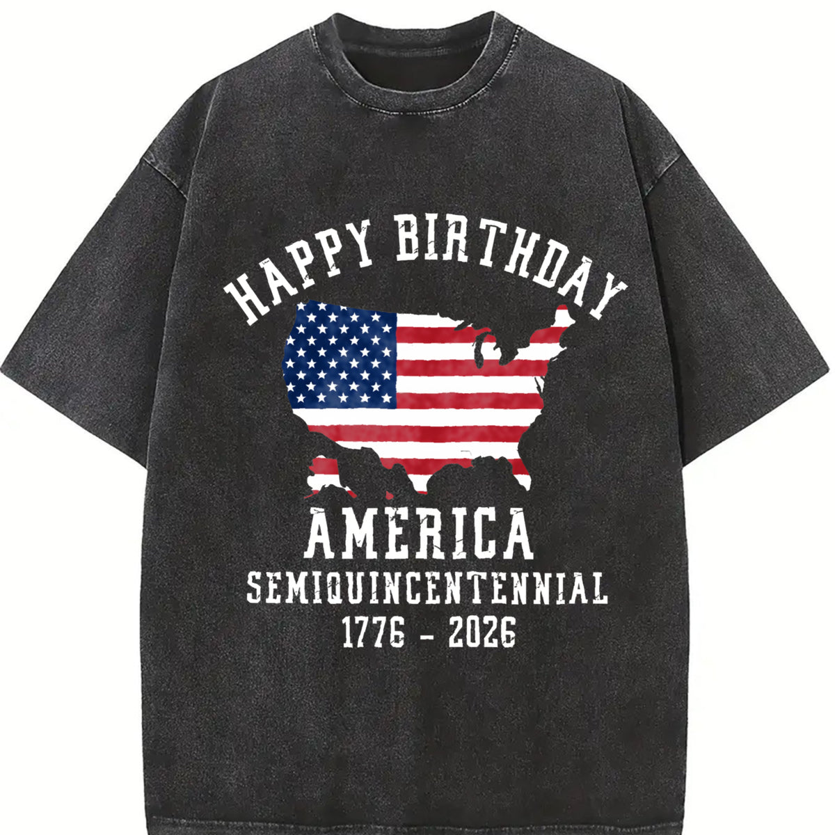 Patriotic Happy Birthday America Vintage Washed T-Shirt in Black
