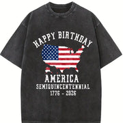 Patriotic Happy Birthday America Vintage Washed T-Shirt in Black