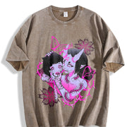 Japanese Demon Girl Gothic Sleeveless Tank Vintage Washed T-Shirt in Brown