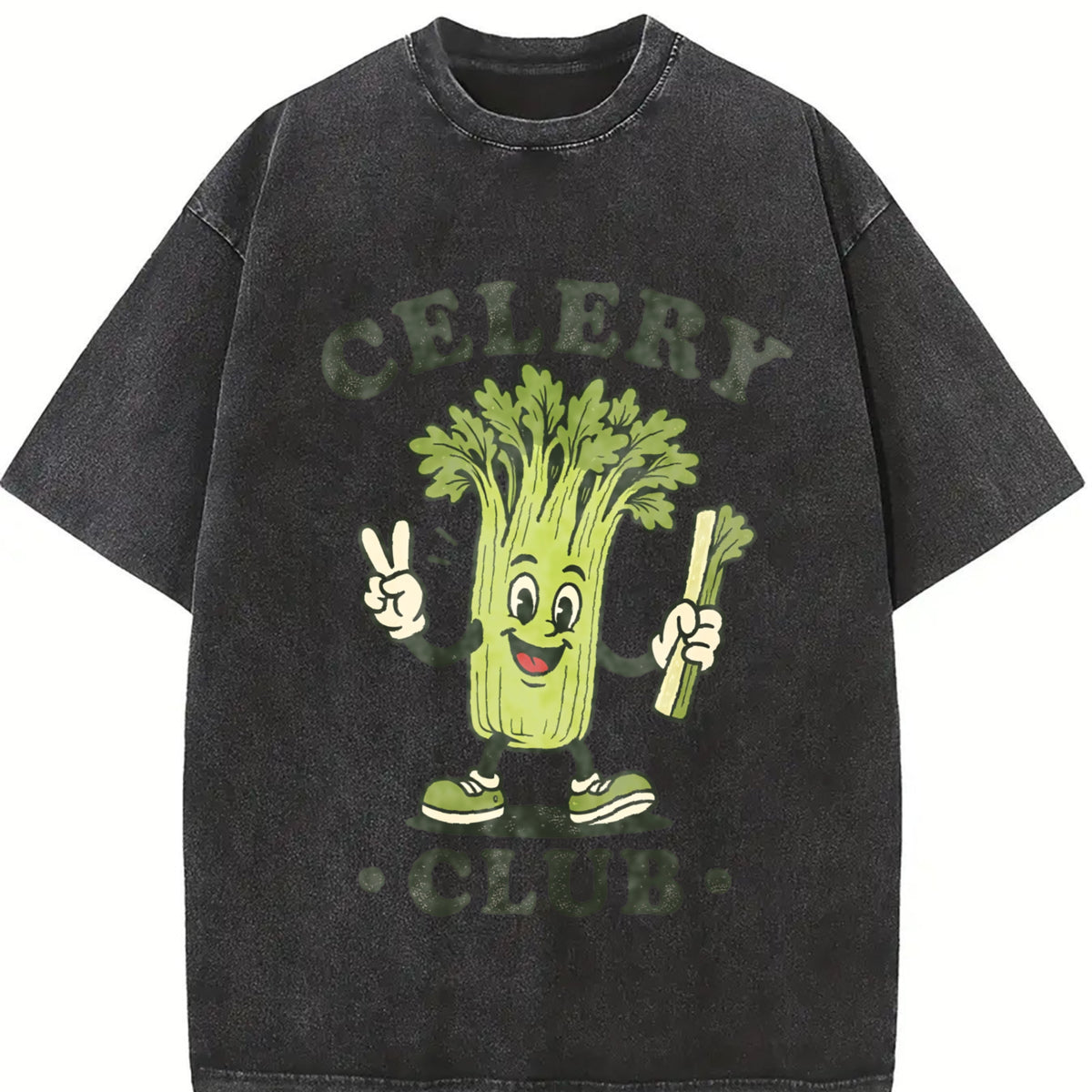 Celery Club Veggie Lover Retro Cartoon Vintage Washed T-Shirt in Black