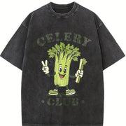 Celery Club Veggie Lover Retro Cartoon Vintage Washed T-Shirt in Black