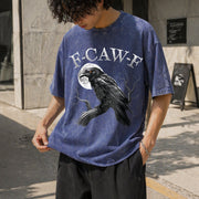 Black Crow F-caw-f Black Bird Moon Gothic Adult Humor Vintage Washed T-Shirt in Blue