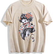 Laundered Retro Batik with Anti-dye Vintage Washed T-Shirt in Beige