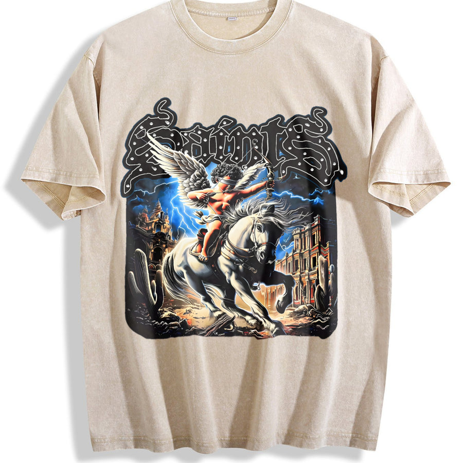 Saints Angel on Horse Tank Vintage Washed T-Shirt in Beige