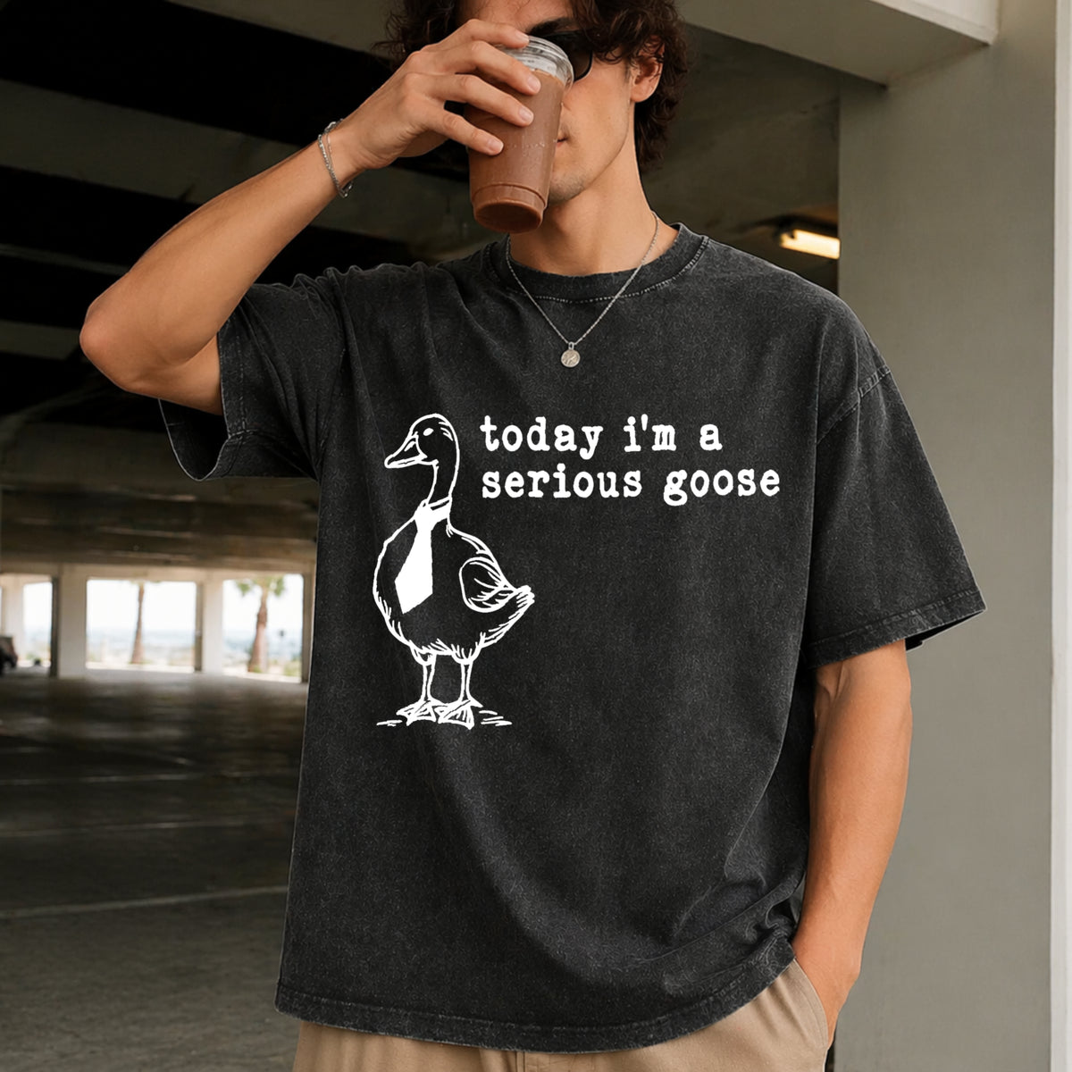 Serious Goose Meme Vintage Washed T-Shirt in Black