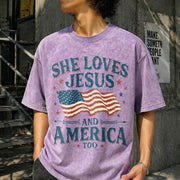 She Loves Jesus and America Too Vintage Washed T-Shirt in Purple