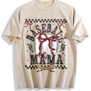 Retro Baseball Mama Checkered Vintage Washed T-Shirt in Beige