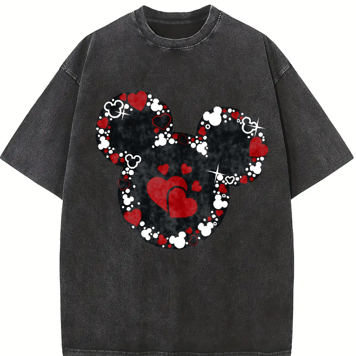 Mickey Inspired Floral Heart Vintage Washed T-Shirt in Black
