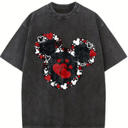 Mickey Inspired Floral Heart Vintage Washed T-Shirt in Black