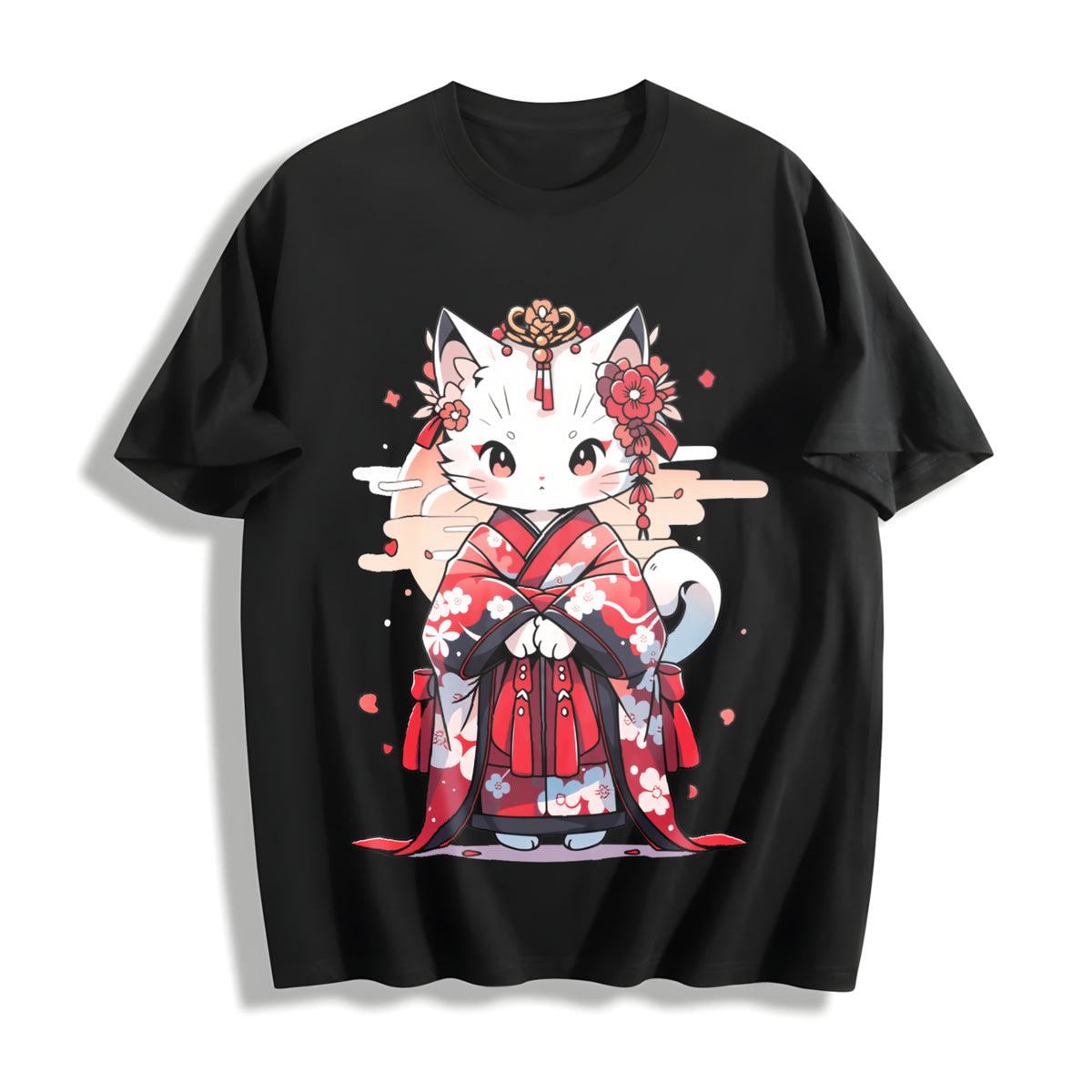 Animal Series Spring/: Cat in a Kimono Cotton T-Shirt in Black