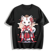 Animal Series Spring/: Cat in a Kimono Cotton T-Shirt in Black