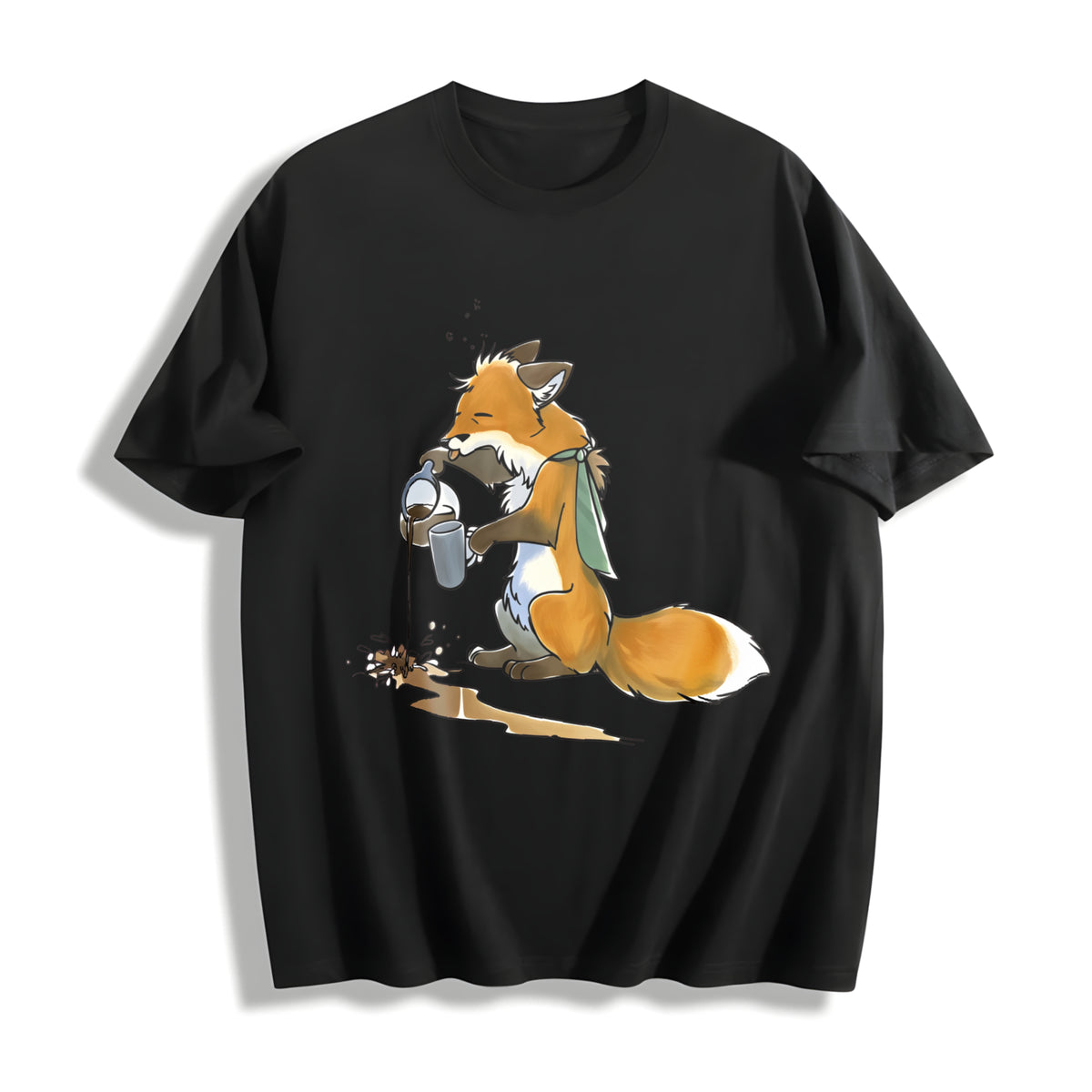 Ladies' Autumn Fuzzy Fox Mistakenly Spills Water Cartoon Cotton T-Shirt in Black