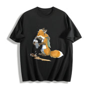 Ladies' Autumn Fuzzy Fox Mistakenly Spills Water Cartoon Cotton T-Shirt in Black
