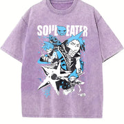 Japan Anime Soul Eater Black Star Printing Loose Harajuku vintage washed oversized T-shirt in Purple