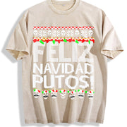 Feliz Navidad Putos Vintage Washed T-Shirt in Beige