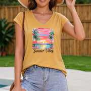 Sleeveless V-neck a Sunset with Palm Trees and the Words ' Women's Color Cotton Tank Top in Yellow