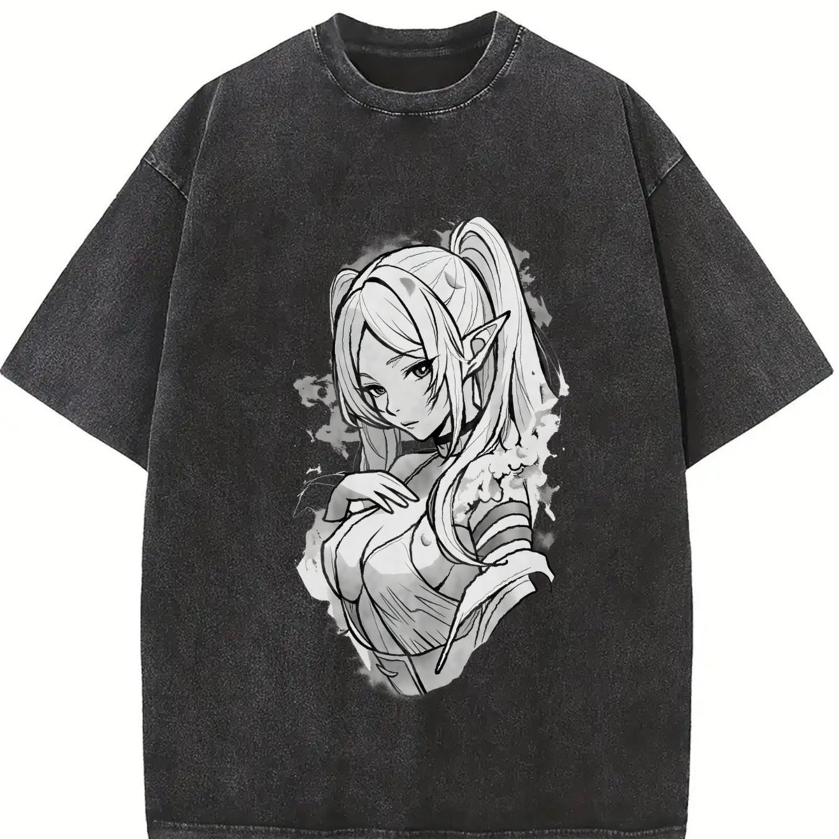 Frieren × Fern Frieren: Beyond Journey's End Anime Manga vintage washed oversized T-shirt in Black