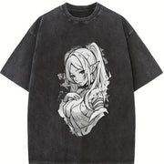Frieren × Fern Frieren: Beyond Journey's End Anime Manga vintage washed oversized T-shirt in Black