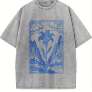 Lily Flower Medieval Renaissance Linocut Art Vintage Washed T-Shirt in Gray