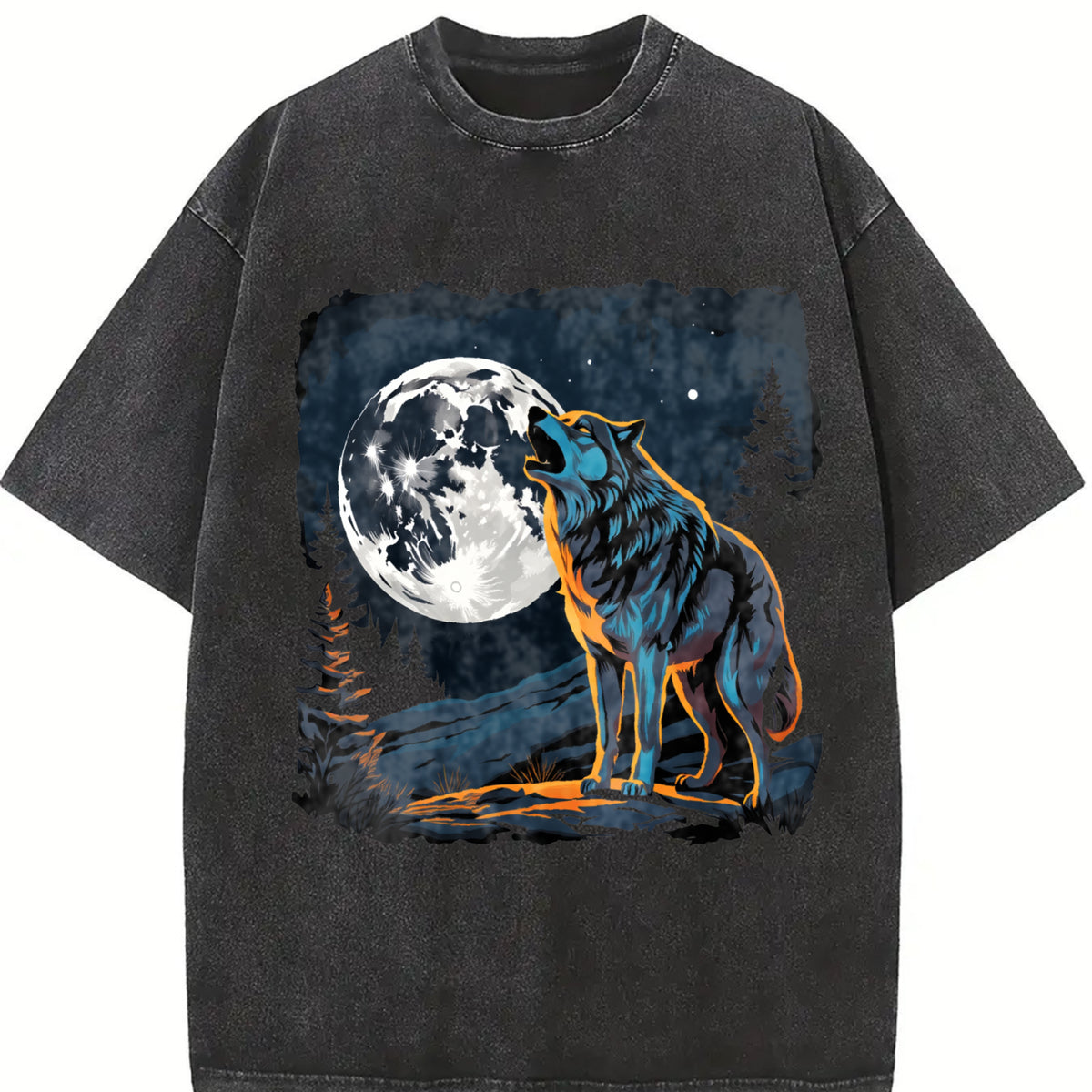 Retro Wolf Howling Y2k Teenager Vintage Washed T-Shirt in Black