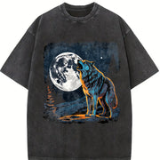 Retro Wolf Howling Y2k Teenager Vintage Washed T-Shirt in Black