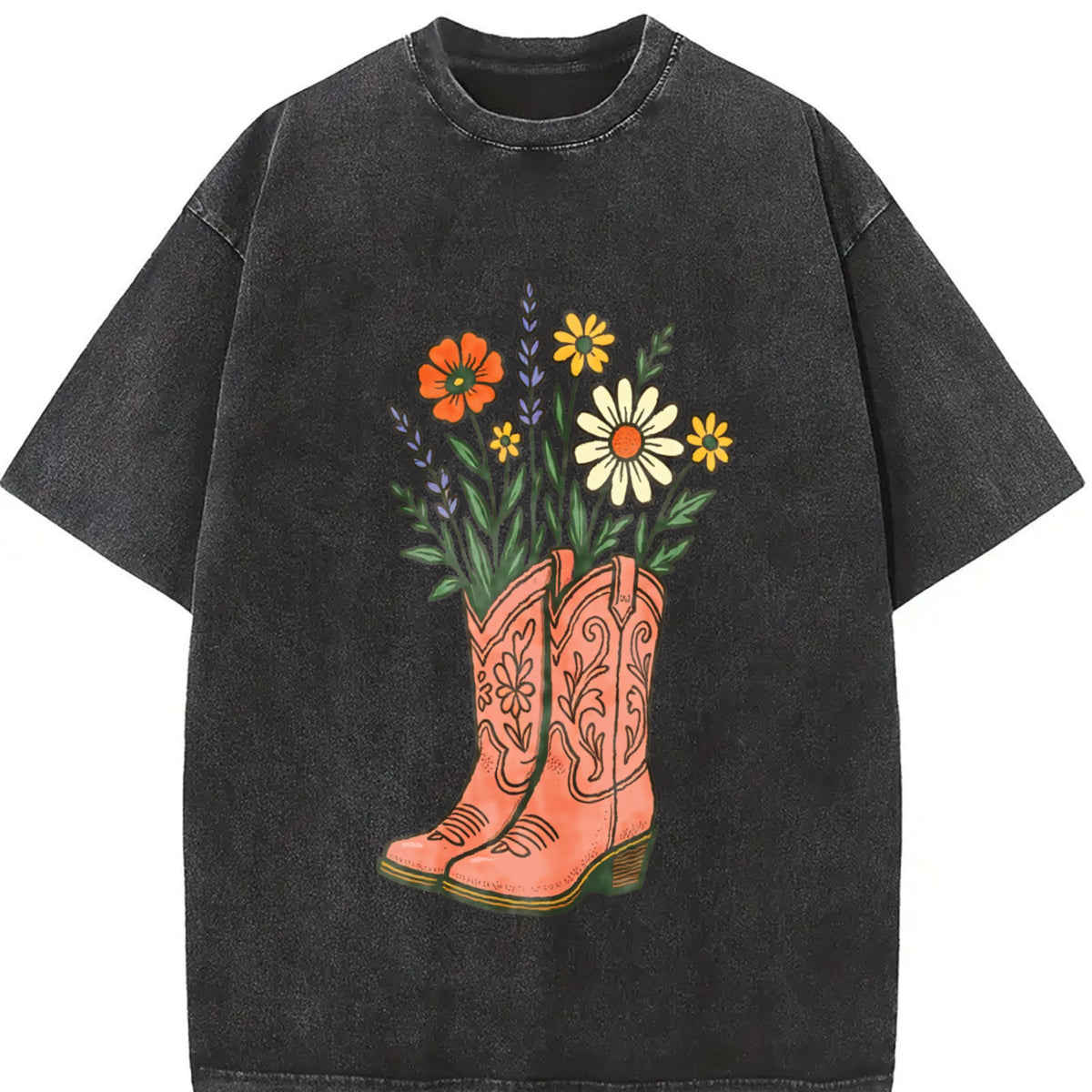 Cowgirl Boots Wildflowers Retro Western Country Girl vintage washed oversized T-shirt in Black