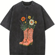 Cowgirl Boots Wildflowers Retro Western Country Girl vintage washed oversized T-shirt in Black