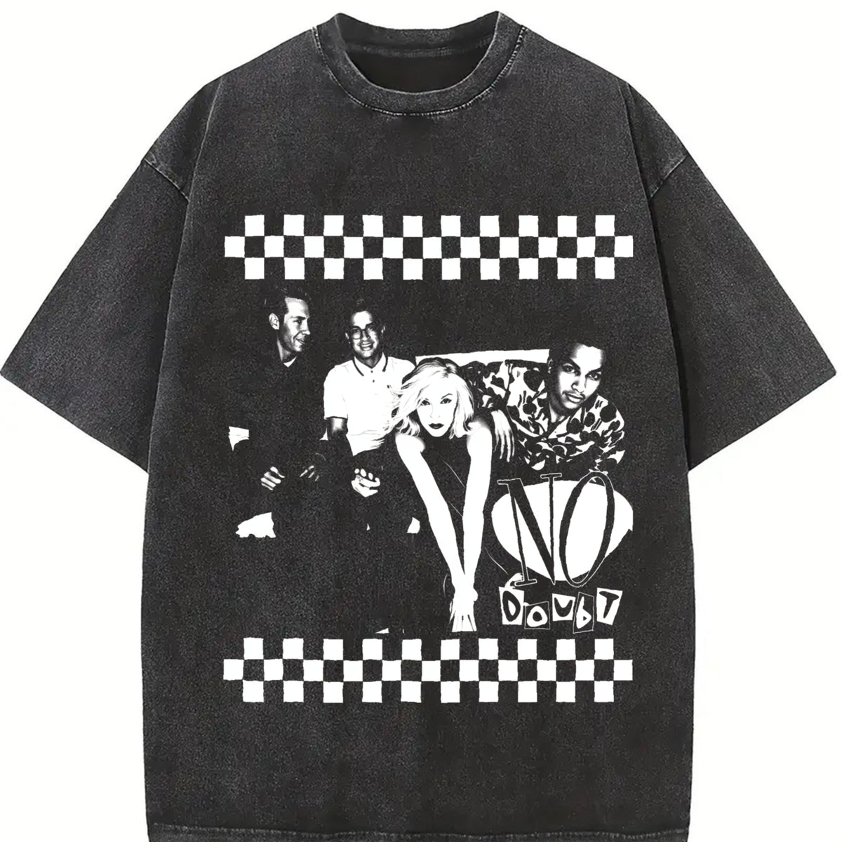 Black and White Checkerboard Band Vintage Washed T-Shirt in Black