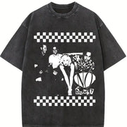 Black and White Checkerboard Band Vintage Washed T-Shirt in Black