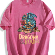 Blue Dragon Buried in Books Letter Vintage Washed T-Shirt in Red