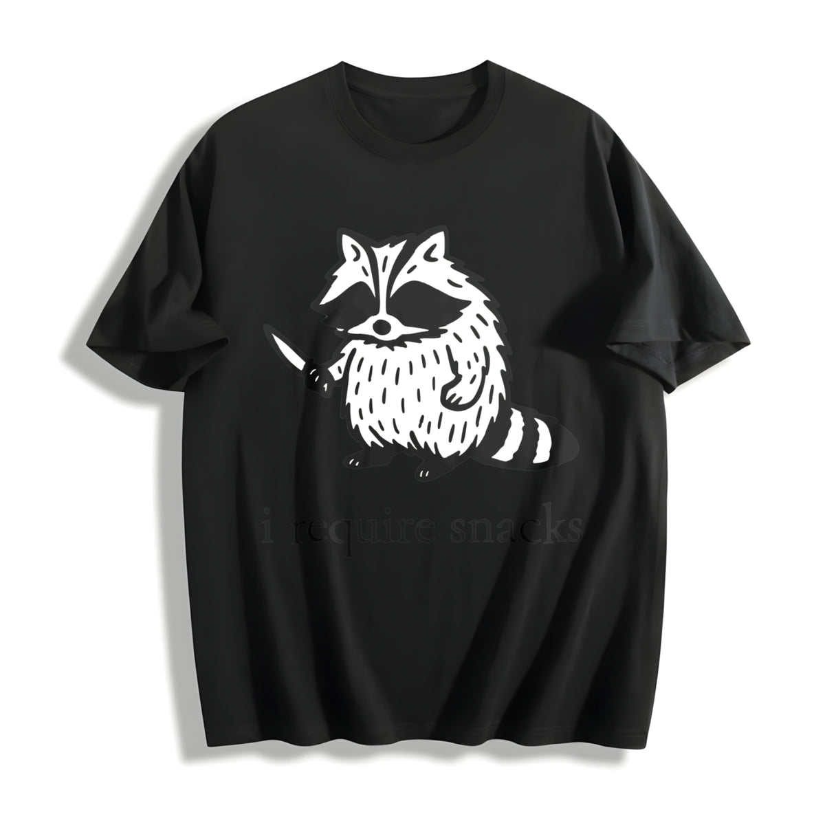 I Require Snacks Raccoon Cotton T-Shirt in Black