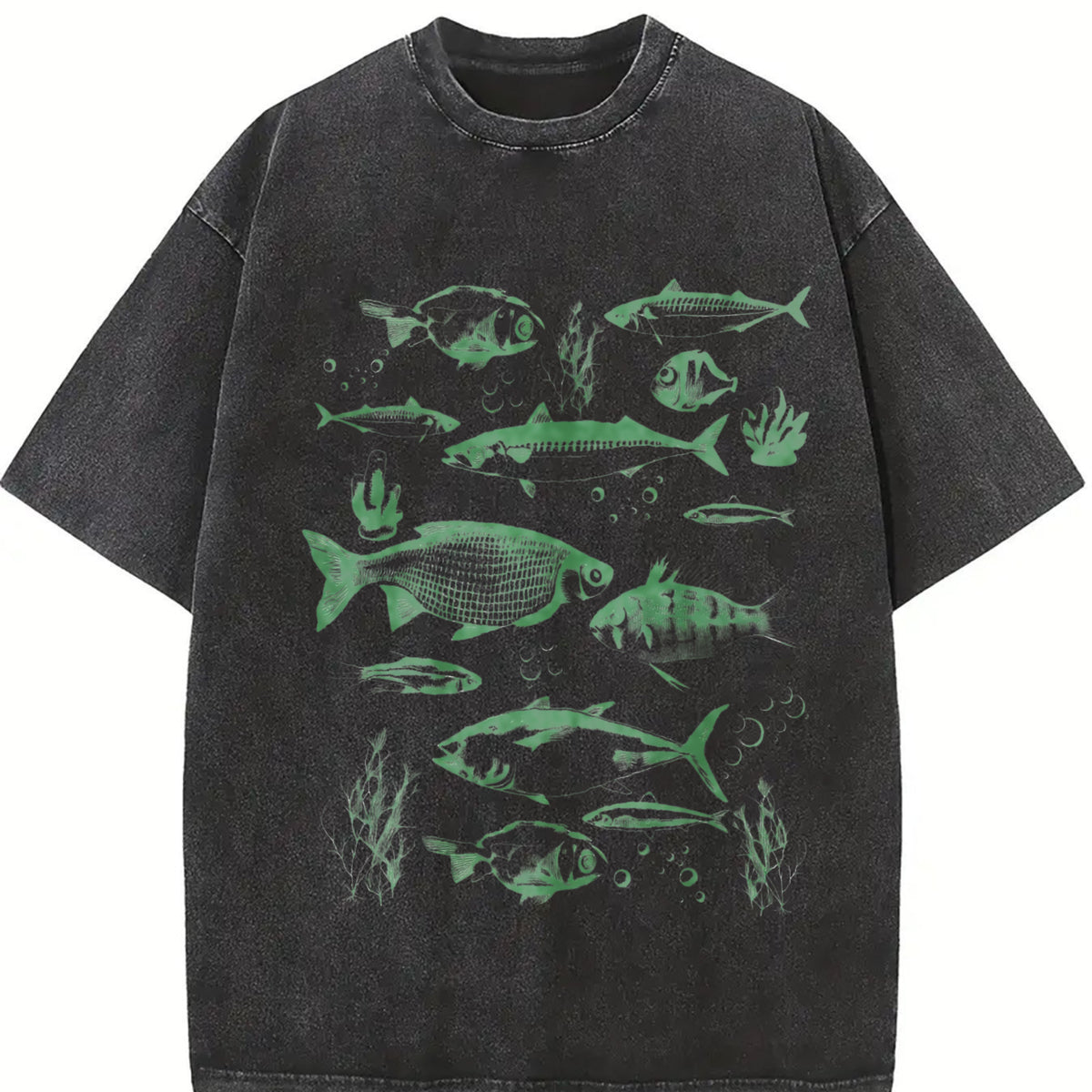 Retro Fish Tattoo 90s Fisherman Vintage Washed T-Shirt in Black
