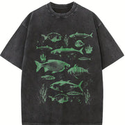 Retro Fish Tattoo 90s Fisherman Vintage Washed T-Shirt in Black