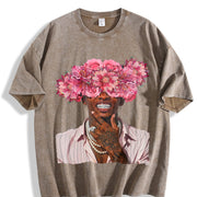Floral Head Portrait Tank Vintage Washed T-Shirt in Brown