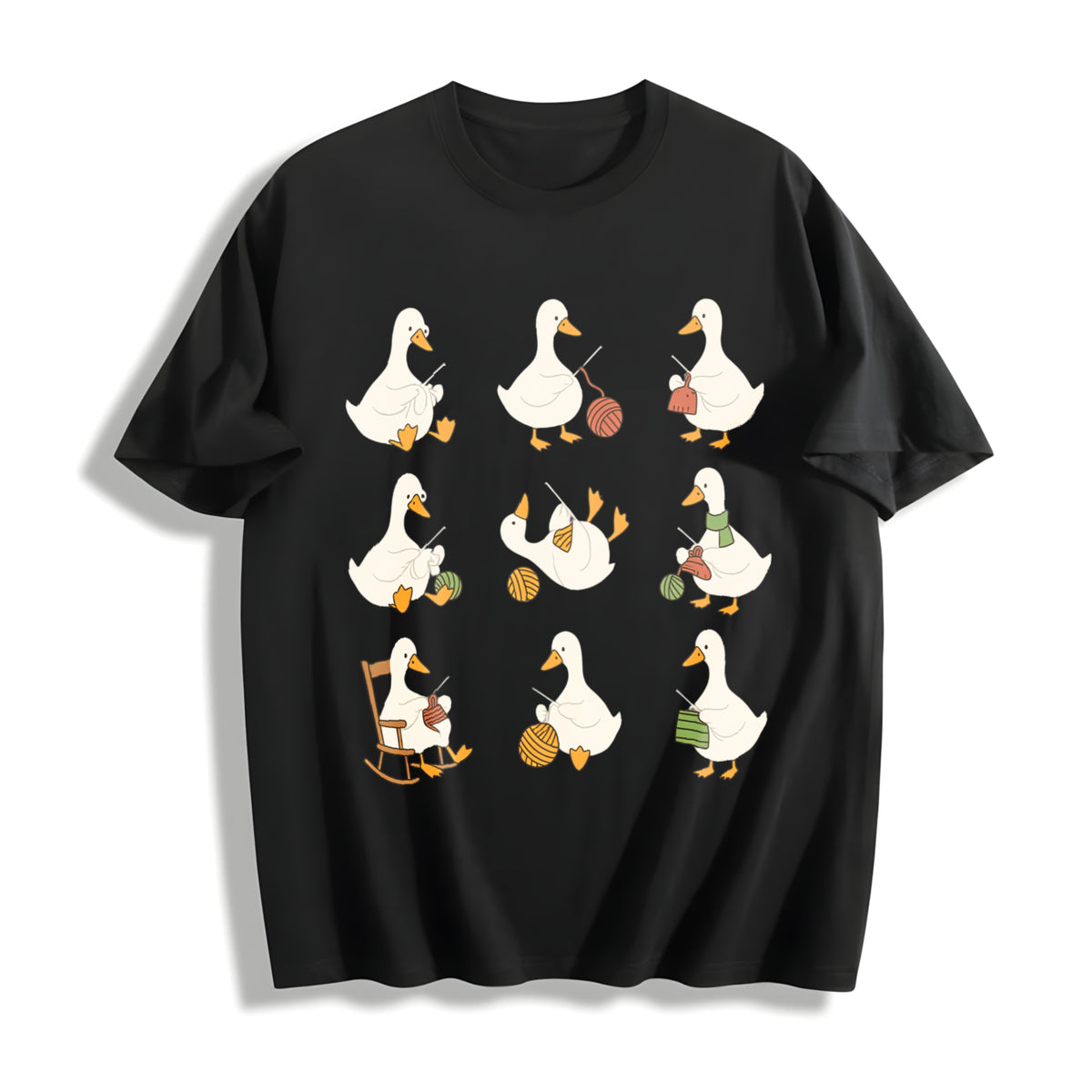 Cute Goose Crocheting Cotton T-Shirt in Black