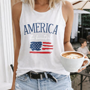 America the Beautiful Flag Crew-neck Sleeveless Vest Women's Color Cotton Tank Top in White