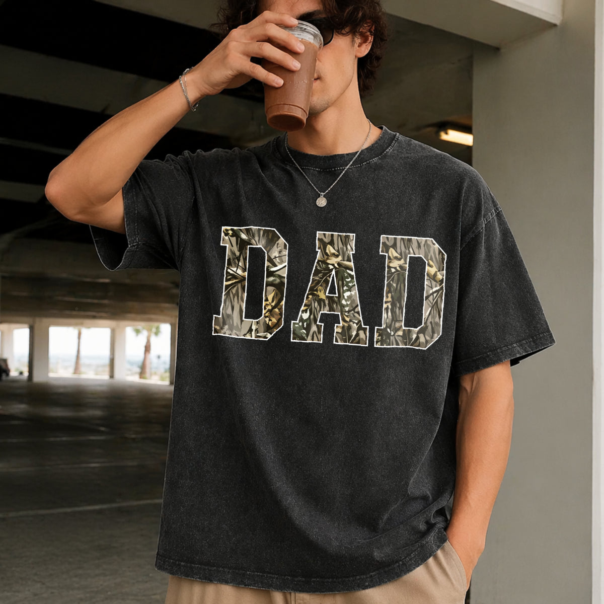 Custom Moss Dad Camo Hunting Dad Vintage Washed T-Shirt in Black
