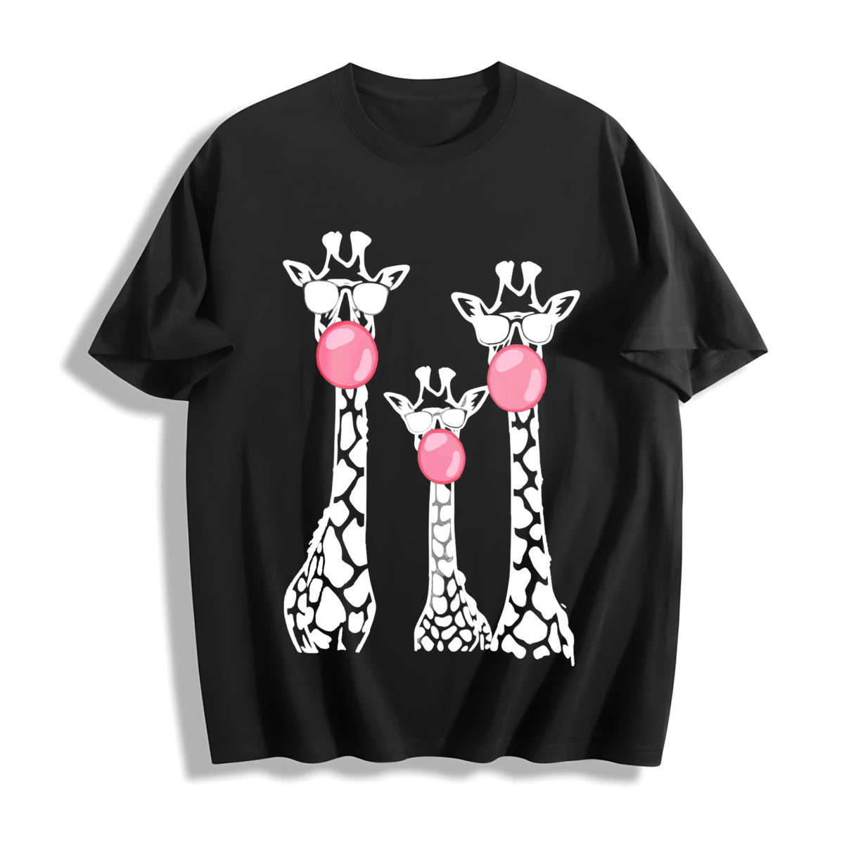 Cartoon Giraffe Cute Half Sleeve Cotton T-Shirt in Black