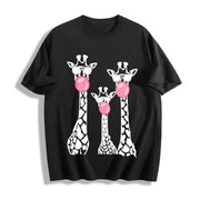 Cartoon Giraffe Cute Half Sleeve Cotton T-Shirt in Black