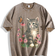 Kitten Cute Cat & Butterfly Floral Vintage Washed T-Shirt in Brown