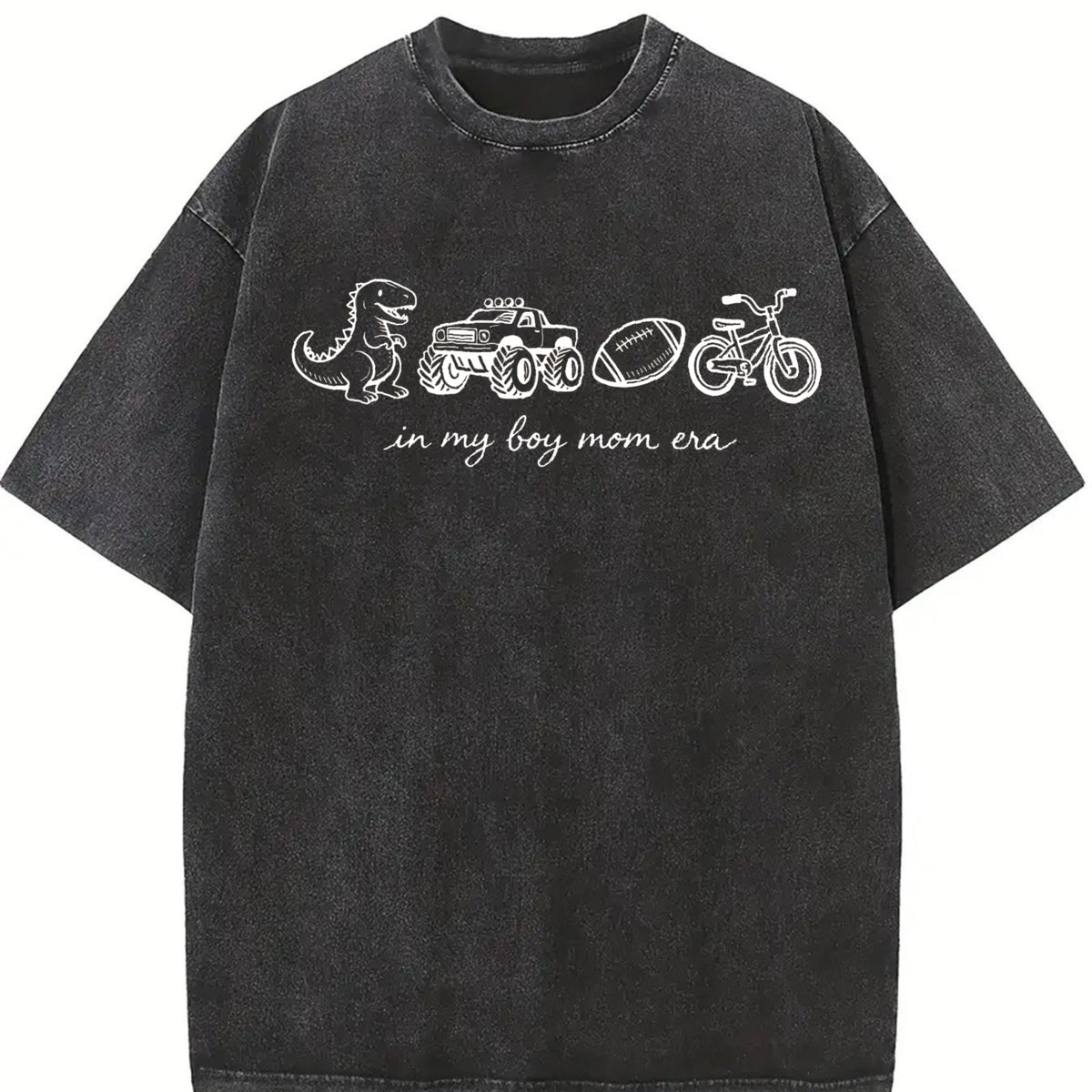 Boy Mom Era Dinosaur Monster Truck Football Bike Vintage Washed T-Shirt in Black