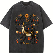 A Bohemian- Floral Moose Vintage Washed T-Shirt in Black