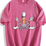 Autumn Cartoon Yoga Meditating Vintage Washed T-Shirt in Red