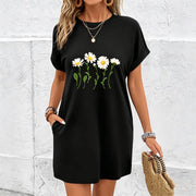 Exquisite Chrysanthemum Dress Cotton T-Shirt in Black