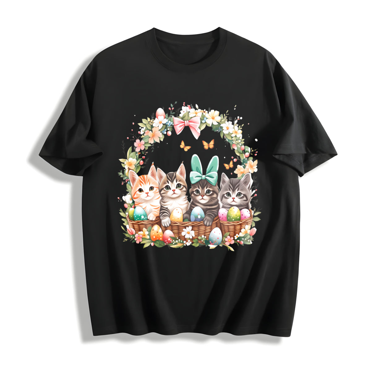 Ladies' Cat in Easter Basket Cotton T-Shirt in Black