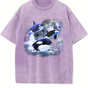 Three Orcas 90s Sea Animal Moon Midnight Vintage Washed T-Shirt in Purple